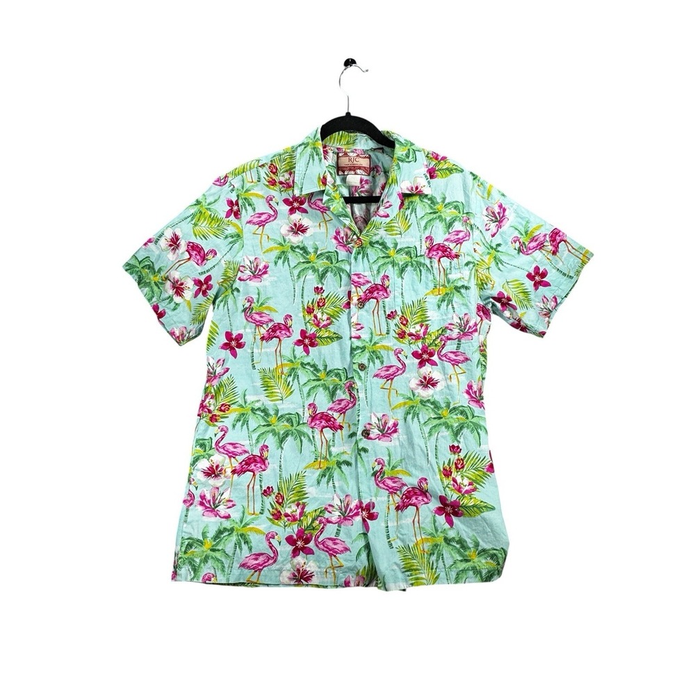 RJC Hawaiian Flamingo Shirt Large Tropical Aloha Button Up Pink Blue Floral